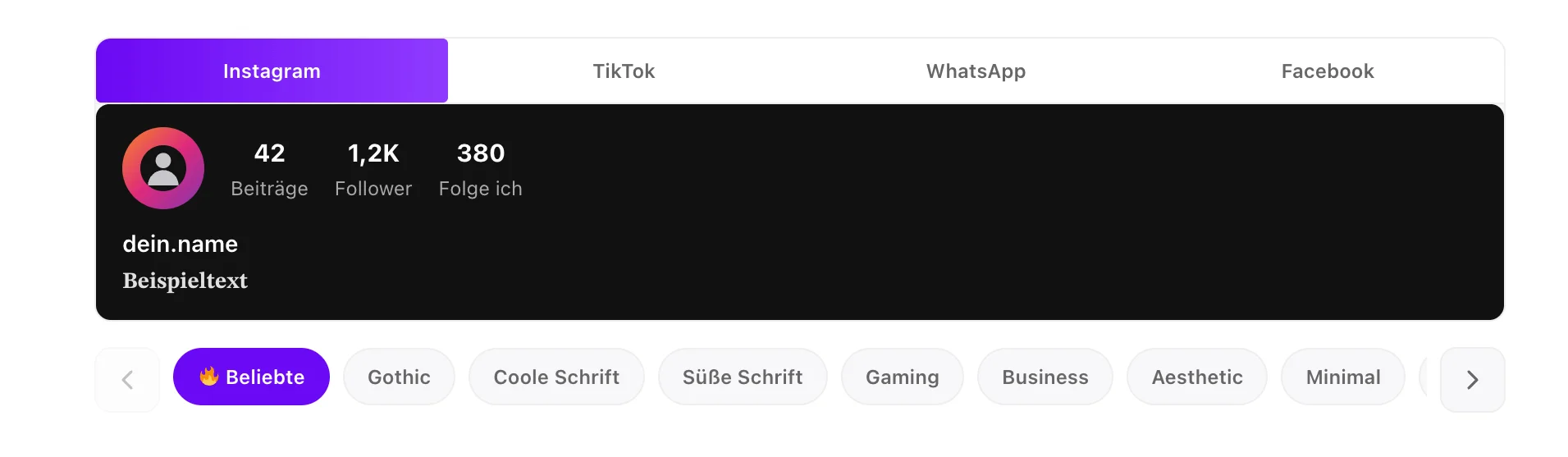 Live-Vorschau im Schriftgenerator für Instagram, TikTok, WhatsApp und Facebook